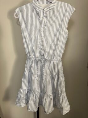 LaRoque Blue & White Striped V Neck Button Up Sleeveless Mini Dress Cotton XS